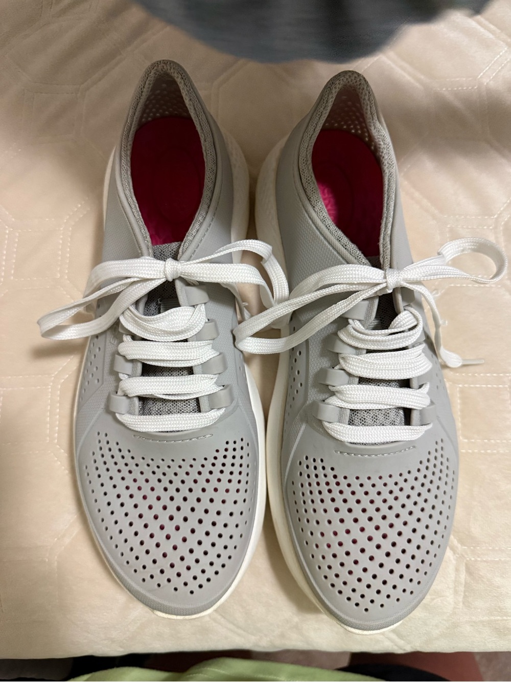 CROCS Women's Lace-Up Perforated Sneaker - Light Gray with Pink Lining